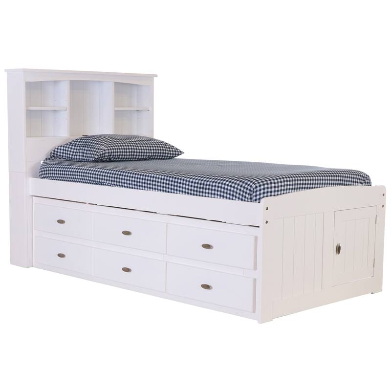 Twin Bookcase Bed with Drawers - Solid Pine Bed - Underbed Storage - Casual White Finish