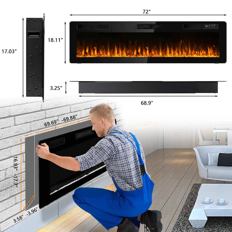 Bossin 30 to 72 inch Electric Fireplace Ultra-Thin and Silence Linear Recessed Wall Mounted Fireplace with Remote Control