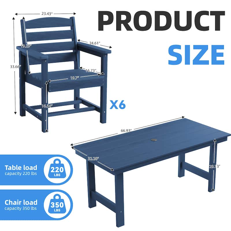 7-Piece HDPE Outdoor Dining Table Sets with Umbrella Hole - 1-Table 6-Chairs