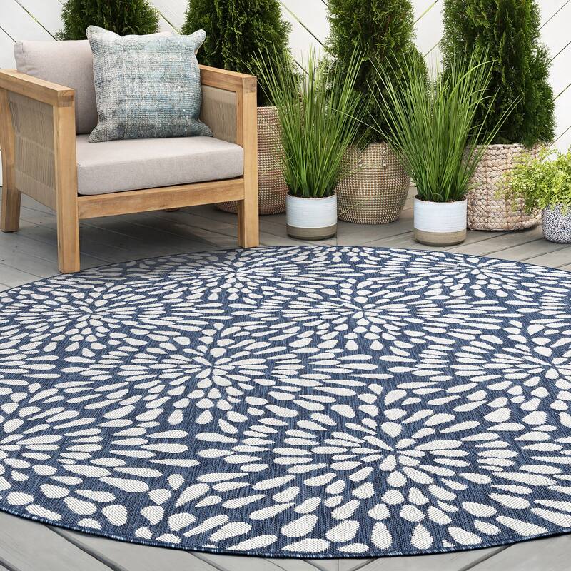 Exo Coastal Floral Indoor/Outdoor Area Rug - 5'3'' Round - Navy/Cream