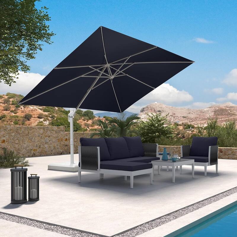 PURPLE LEAF White Rectangle Cantilever Patio Umbrella With Base - 9x11ft Navy Blue