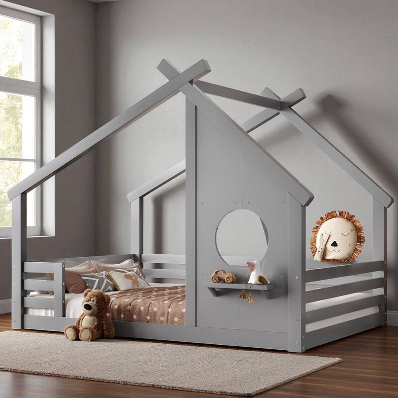 Twin/Full Size Solid Wood House Floor Bed with Window and Shelf, Montessori Low Bed Frame for Kids, No Box Spring Needed - Grey - Full