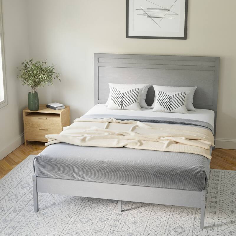 Modern Solid Wood Platform Bed with Headboard and Wooden Slats