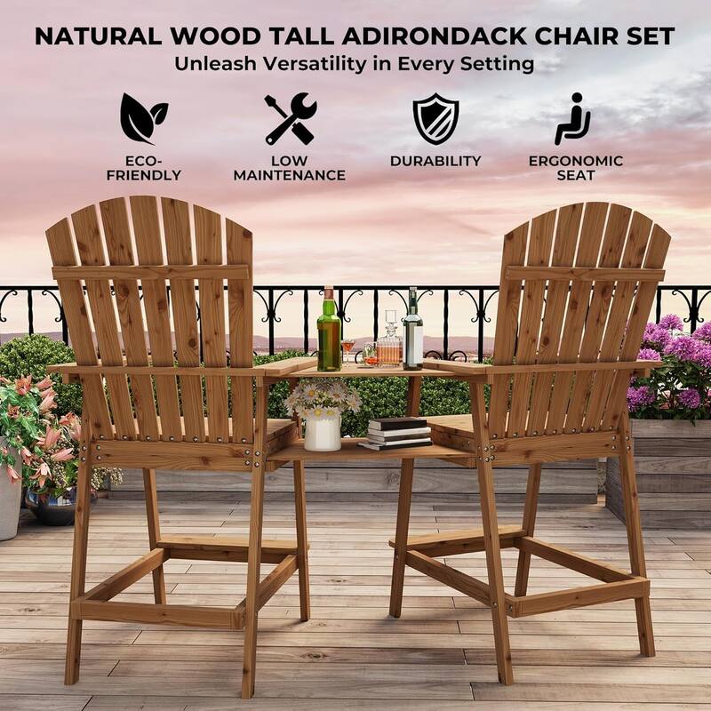 Set of 2 Outdoor Tall Adirondack Chairs Barstools for Deck, Balcony, Backyard, Patio Bar