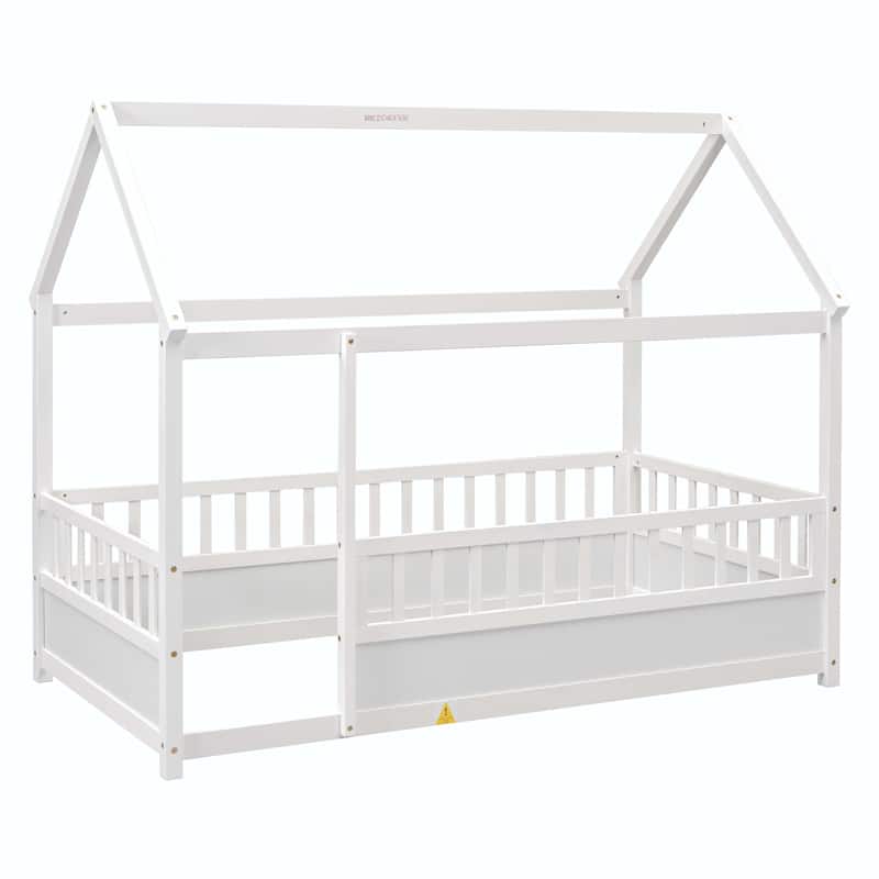 Twin Size Floor Wooden Bed with Fence Guardrails