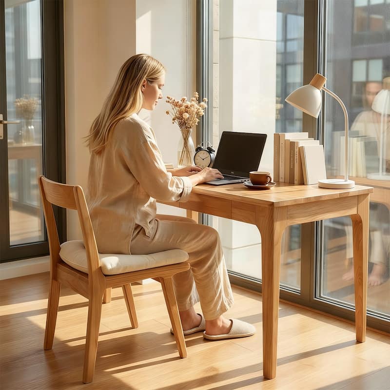 Solid Wood Desk with Drawers, Standing Desk with Smooth Edges, Home Office Desk for Small Spaces, for Bedroom, Living Room