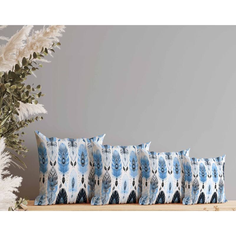 Feathered Treasure Indoor/Outdoor Reversible Throw Pillow Blue and White