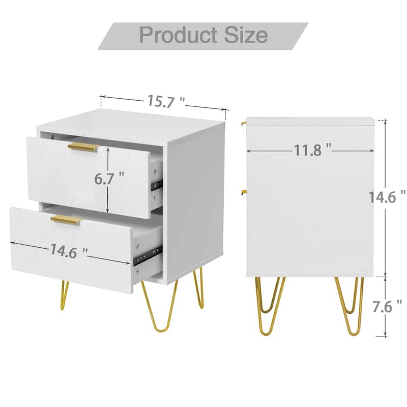 Modern Set of 2 Nightstands with Metal Legs 2-Drawer Bedside Table