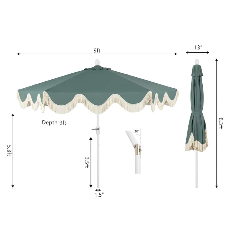 9ft Tassel Patio Umbrella Auto-Tilt, Crank , by JONATHAN Y