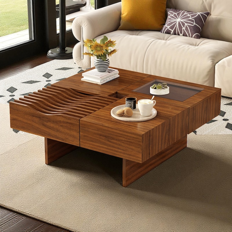 33'' Mid-Century Modern Square Coffee Table with 3 Drawers, Tempered Glass Top, Solid Wood Legs for Living Room - Brown