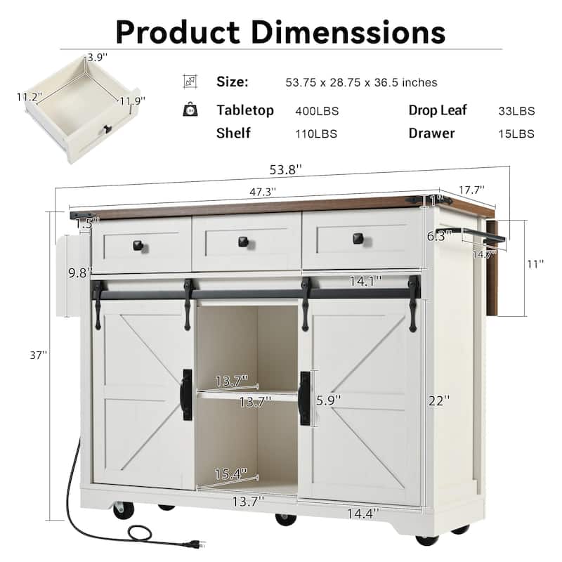 53.7" Kitchen Island, Power Outlet, 2 Sliding Barn Door Kitchen Storage Island， Drop Leaf, Rack Rolling Kitchen Cart on Wheels