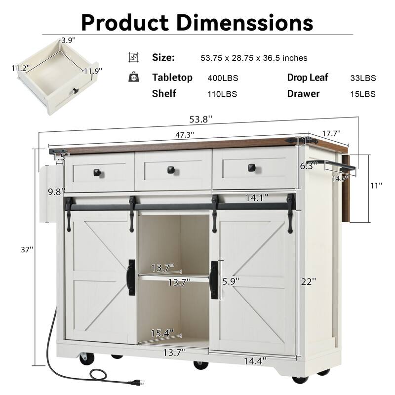 Farmhouse Kitchen Island with Power Outlet, Sliding Barn Doors, Drop Leaf & Spice Rack, Mobile Rolling Cart for Kitchen Storage
