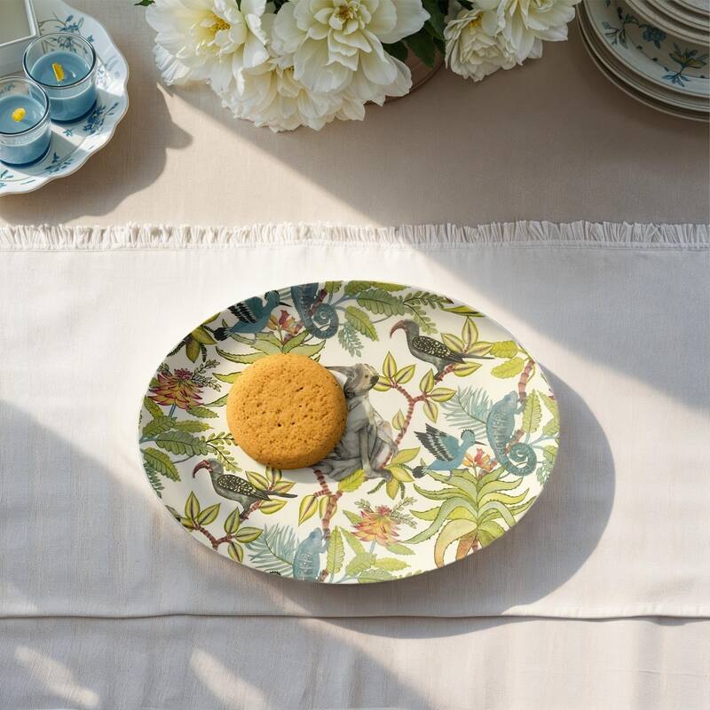 Printed Stoneware Platter with Rainforest Botanicals - 16.0"L x 12.0"W x 1.5"H - Multicolor