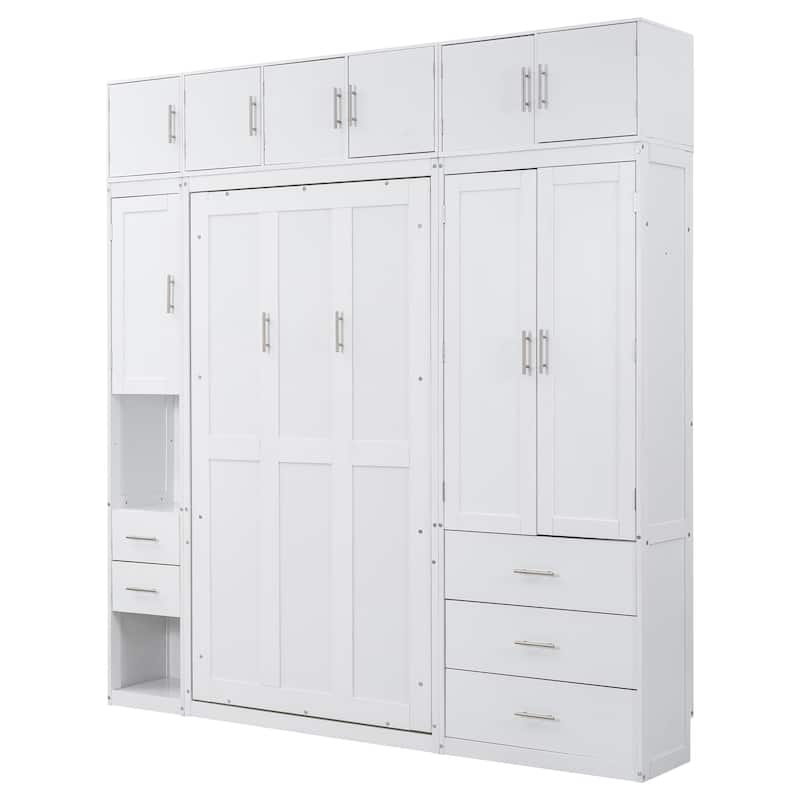 Space-Saving Twin Murphy Bed with Lockers and Wardrobes, White