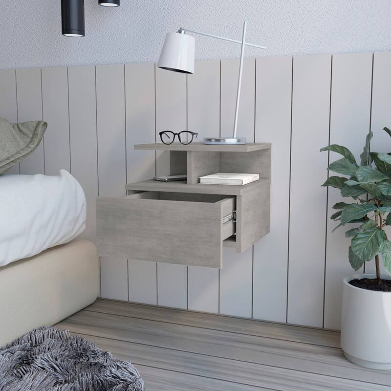 Floating Nightstand with Drawer, Concrete Gray, Space-Saving Design