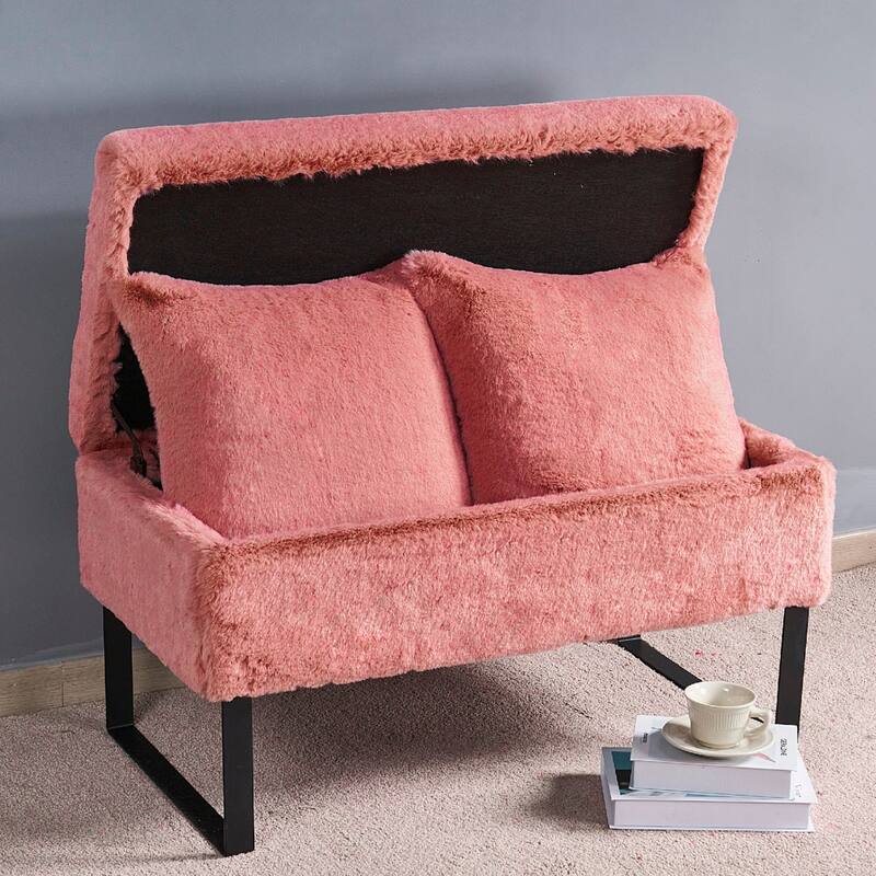 Heavy FauxFur Storage Ottoman with 2 Pillow Set