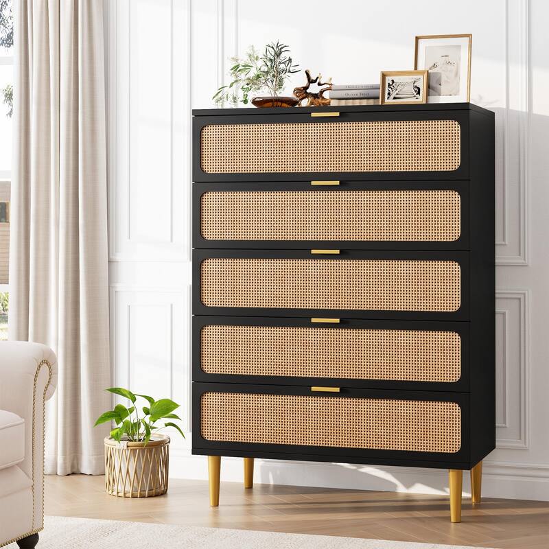 5/6 Drawer Rattan Dresser for Bedroom, Large Freestanding Wooden Chest Storage - 5-drawer - Black