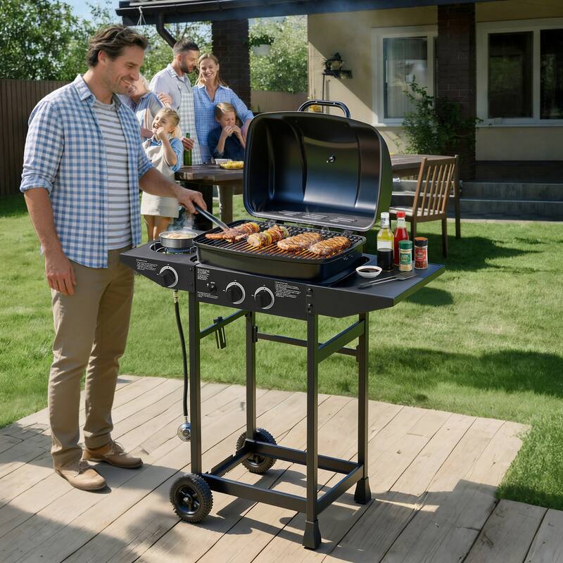 Anmytek 2-Burner Stainless Steel Propane Gas Grill with Side Burner 24000 BTU Enameled Grates Side Tables