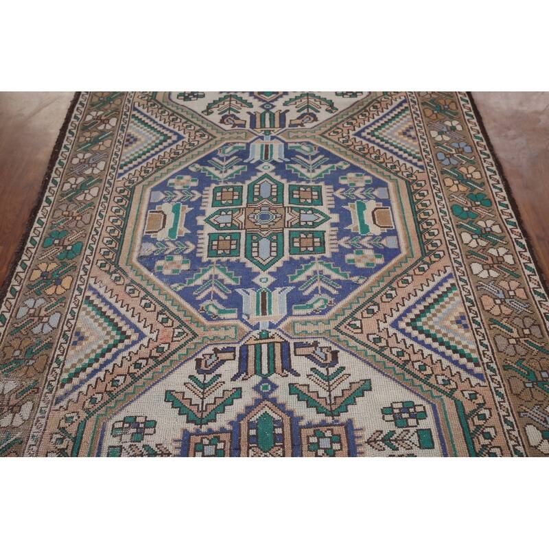 Beige Geometric Bakhtiari Vintage Persian Rug Handmade Wool Carpet - 4'10" x 9'9"