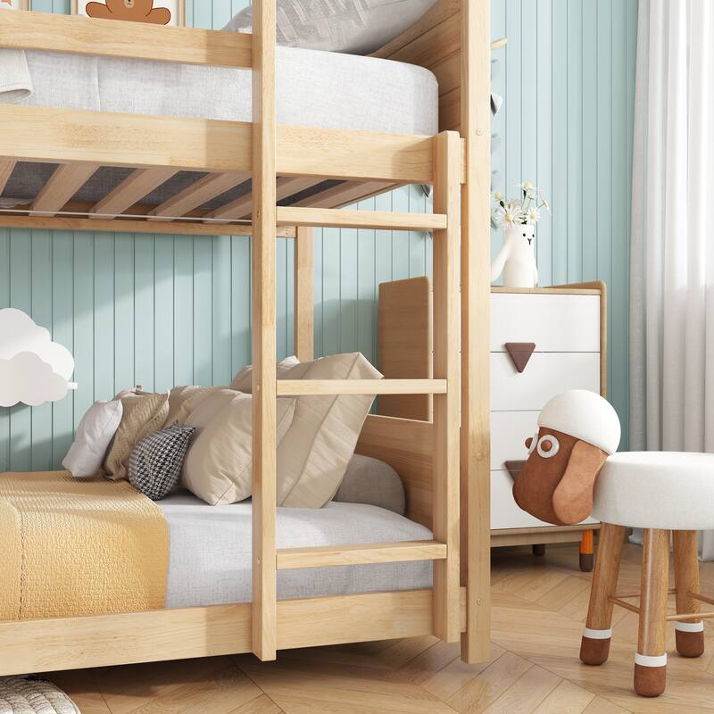Twin Over Twin House Floor Bunk Bed with Headboards, Footboards, Guardrails, and Ladder in White Oak