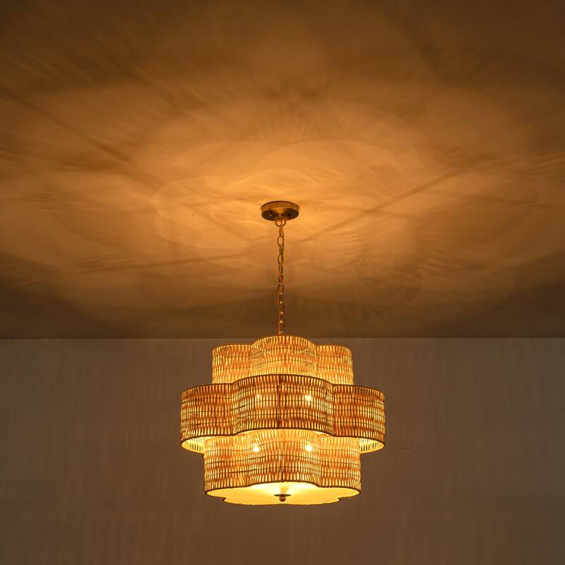 C Cattleya 6-Light Natural Rattan Chandelier with 3-Tier Hand Woven Flower-Shaped Shade - 24-inch