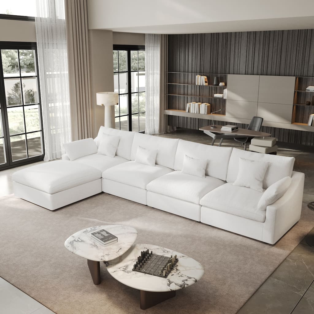 155.9" L-shaped Modern Linen Sectional Modular Sofa 4-Seater Down Filled Cloud Couch with Ottoman