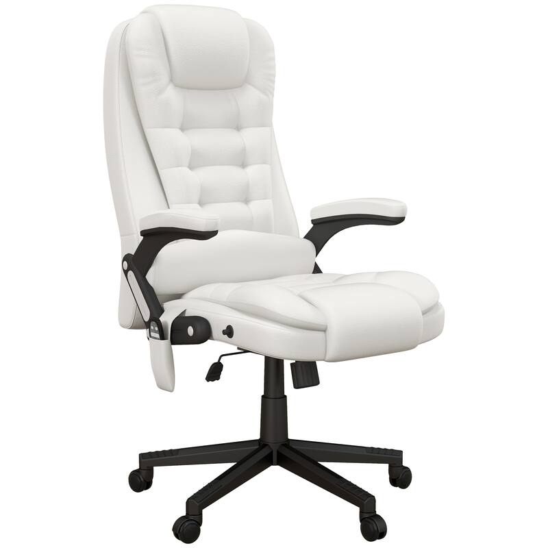 White PU Leather 360° Swivel High Back Office Recliner with Vibration Massage, Lumbar Heating, and Adjustable Height