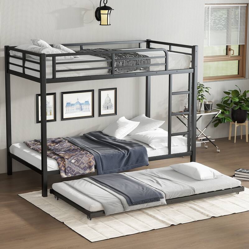 Roomfitters Twin/Full Metal Bunk Bed with Twin Trundle, Space-Saving Design for Teens & Adults, Black