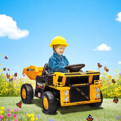 Ride-On Dump Truck with 12V Ride on Car with Electric Dump Bed, Music, lights, Motors - Electric Construction Truck Toy