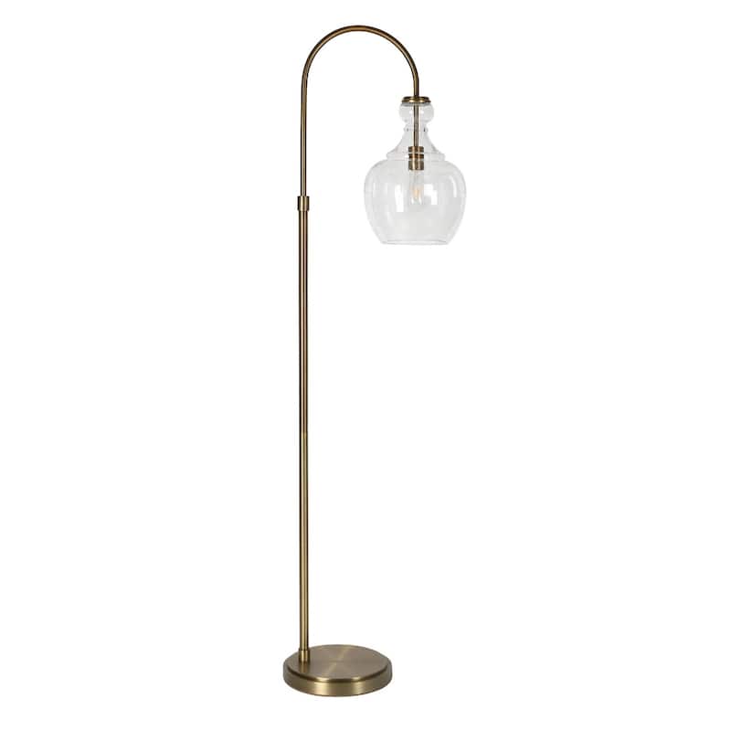 Metal Arched Floor Lamp with Dome Glass Shade and Foot Switch - 19” x 12” x 70” (D x W x H) - Brass-Seeded