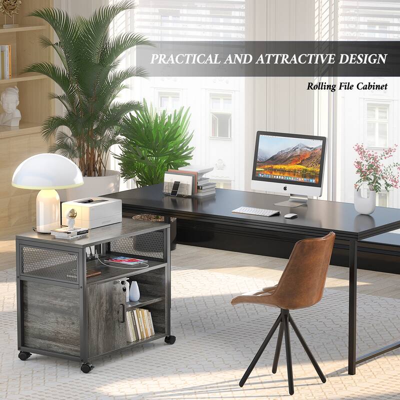 Rolling File Cabinet Lateral Office Filing Cabinets with Charging Station,Modern Printer Stand on Wheels