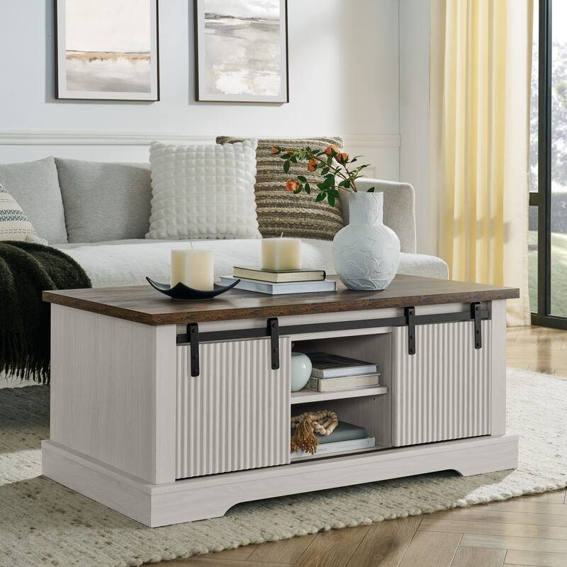 Rustic Coffee Table with Storage and Sliding Wooden Door, Adjustable Shelves for Living Room Meeting Room