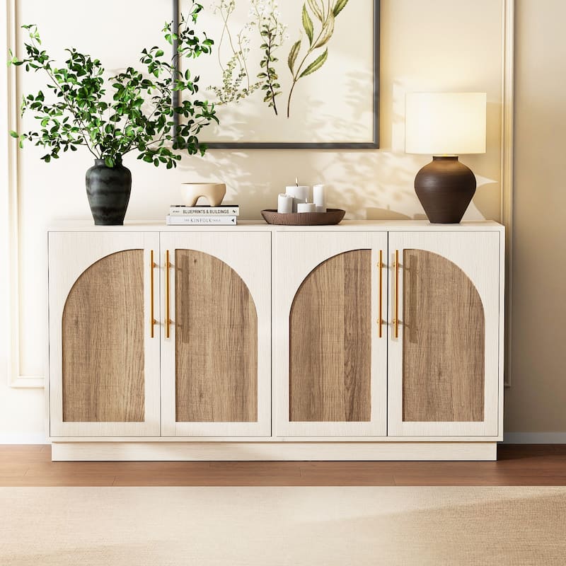 Double Layered 4 Door Cabinet Modern Arched Design Storage Cabinet - White