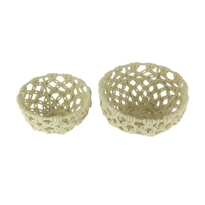 Off-White Handwoven Macrame Decorative Bowls Set Of 2 - 5 X 9.25 X 9.25 inches
