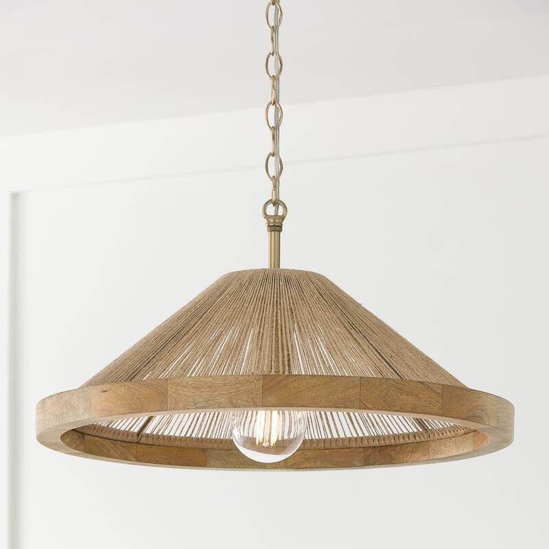 1-Light Dual Mount Pendant in Matte Brass with Mango Wood and Handwrapped Natural Jute Rope String