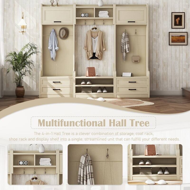 4-in-1 Detachable Hall Tree with Storage Cabinets and Hooks, Multifunctional Hallway Coat Rack with Drawers and Shoe Bench