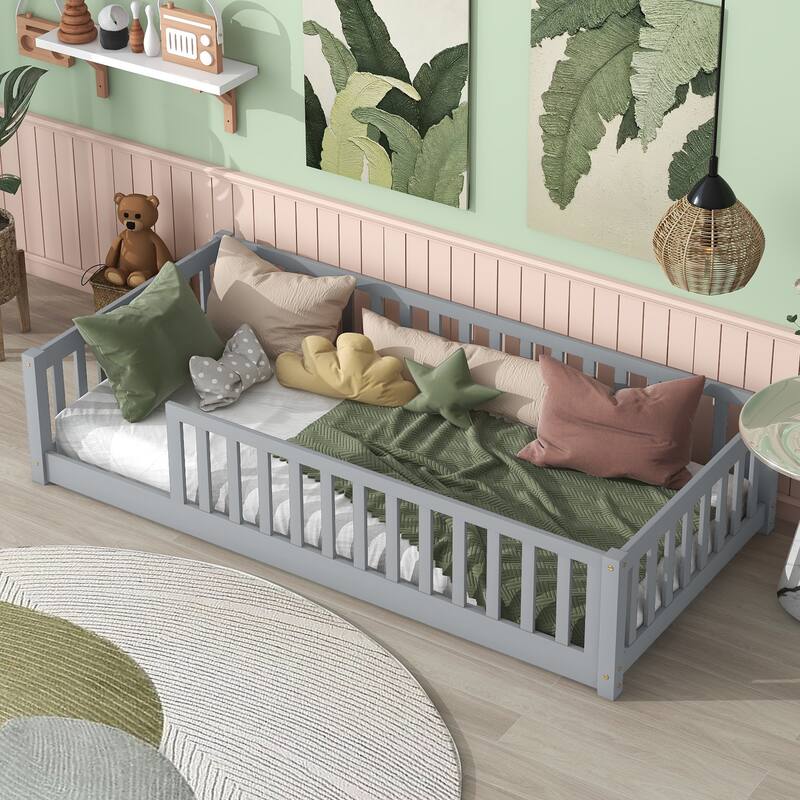 Twin Size Rubber Wood Floor Bed - Fence (No Door) & Safety Guardrails