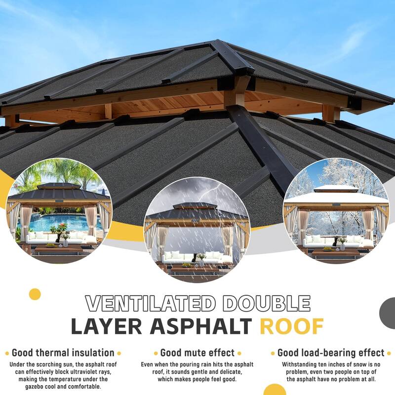 EROMMY 11' x 13' Asphalt Hardtop Gazebo, Spruce Wood Double Roof Gazebo with Waterproof Coated Wood Frame for Patios