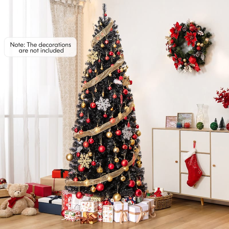 Gymax 6/7 FT Pre-lit Black Christmas Tree Artificial PVC Slim Pencil - See details