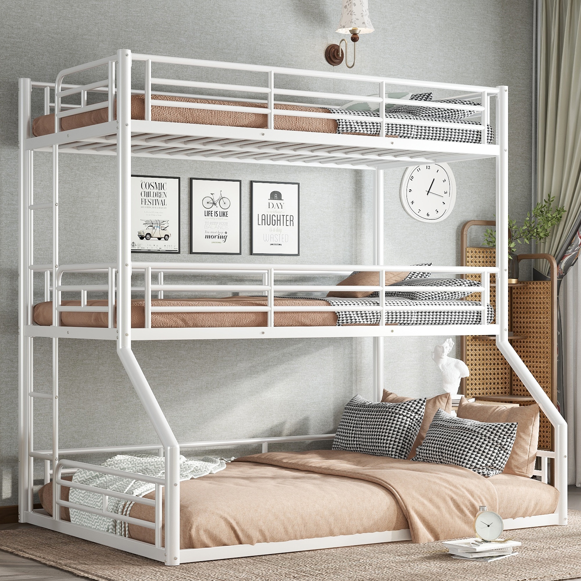 Twin over Twin over Full Triple Bunk Bed - Metal Frame with Safety Guardrails & Noise-Reduced Design