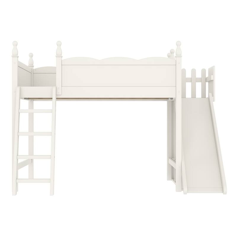 Full Loft Bed with Storage Shelves and Wardrobe, Solid Wood Loft Beds with Detachable Slide and Ladders, No Spring Box Needed
