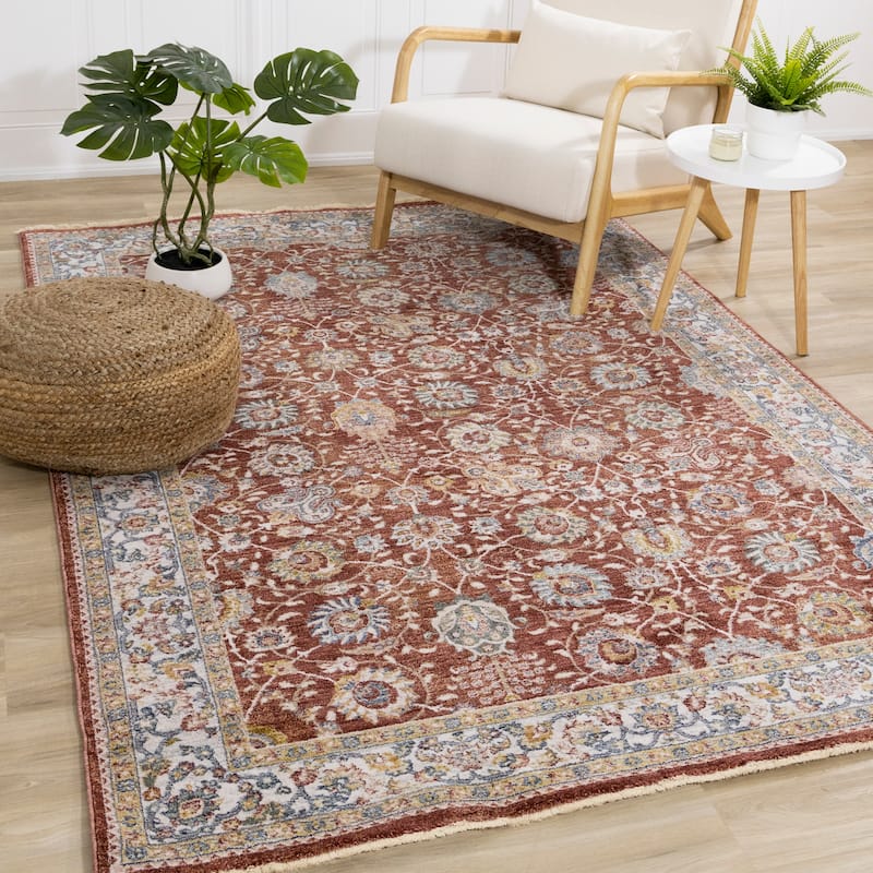 Olivia Collection - Classic Elegant Border Area Rug - 5'3" x 7'10" - Red