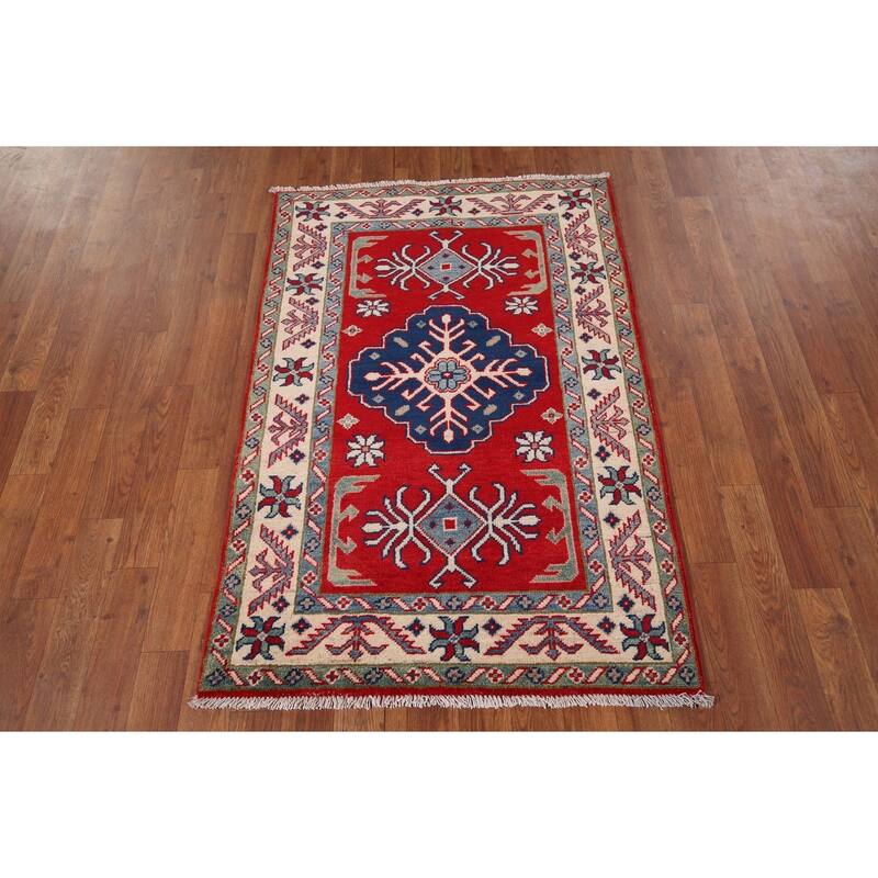 Red Geometric Kazak Accent Rug Handmade Wool Carpet - 2'9" x 4'1"