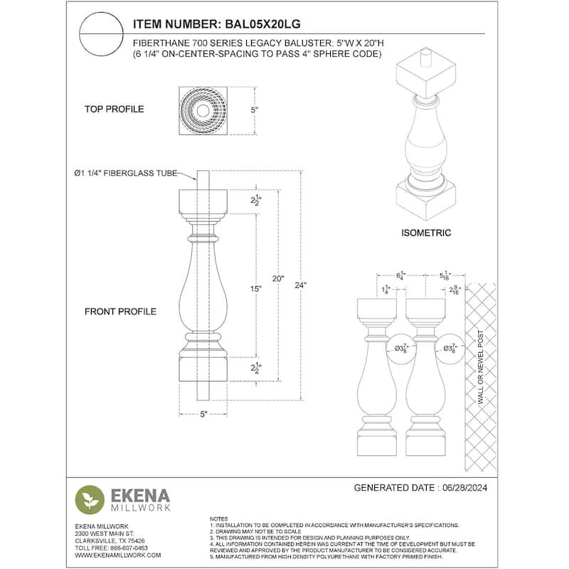 Fiberthane 700 Series Legacy Baluster, Factory Primed