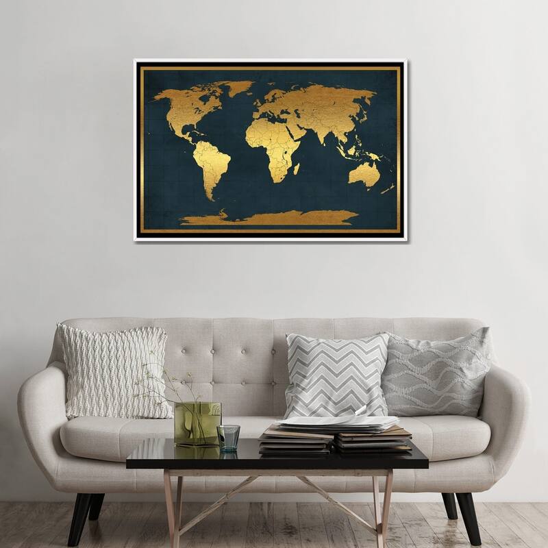 iCanvas "World Map Vintage Style Black Gold" by WallDecorAddict Framed Canvas Print