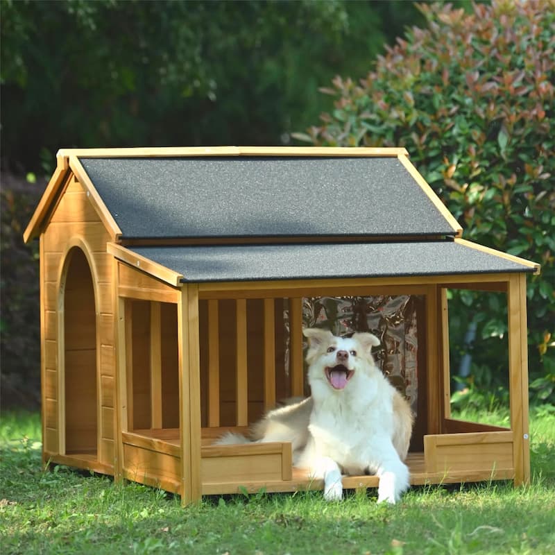 Large Natural Dog House With Asphalt Roof,Dog Houses For Large Dogs,Dog Kennel With Doors,Dog Houses Outdoor-Cuddlewood - Brown