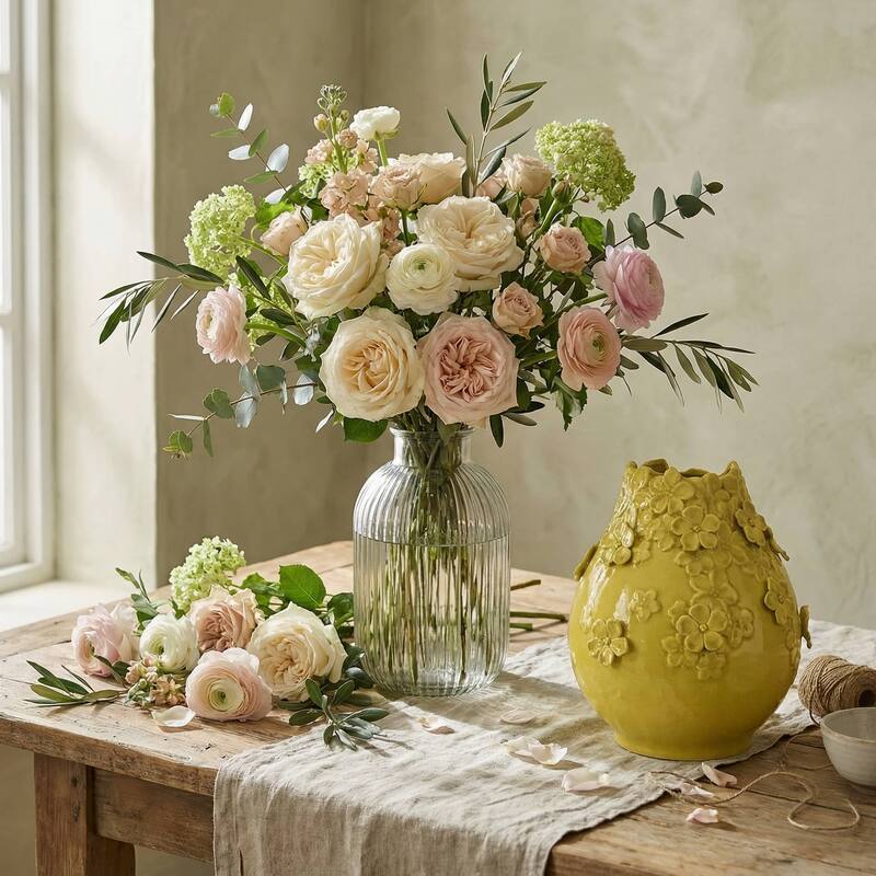 Rossetta Graceful Ceramic Free-Flow Neck Design Decorative Vase with Delicate Small Floral Motifs, 11 Inch
