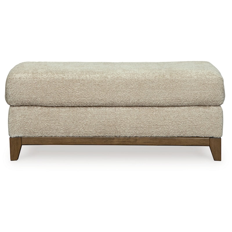 Klyn 44 Inch Ottoman, Plush Cushion, Faux Wood Rail Feet, Beige Polyester