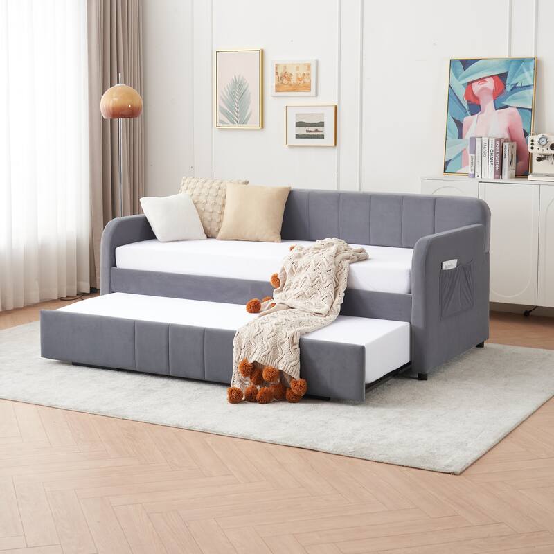 Twin Size Velvet Upholstered Daybed, Wood Sofa Bed Frame Daybed Couch with Trundle Bed and Wood Slat