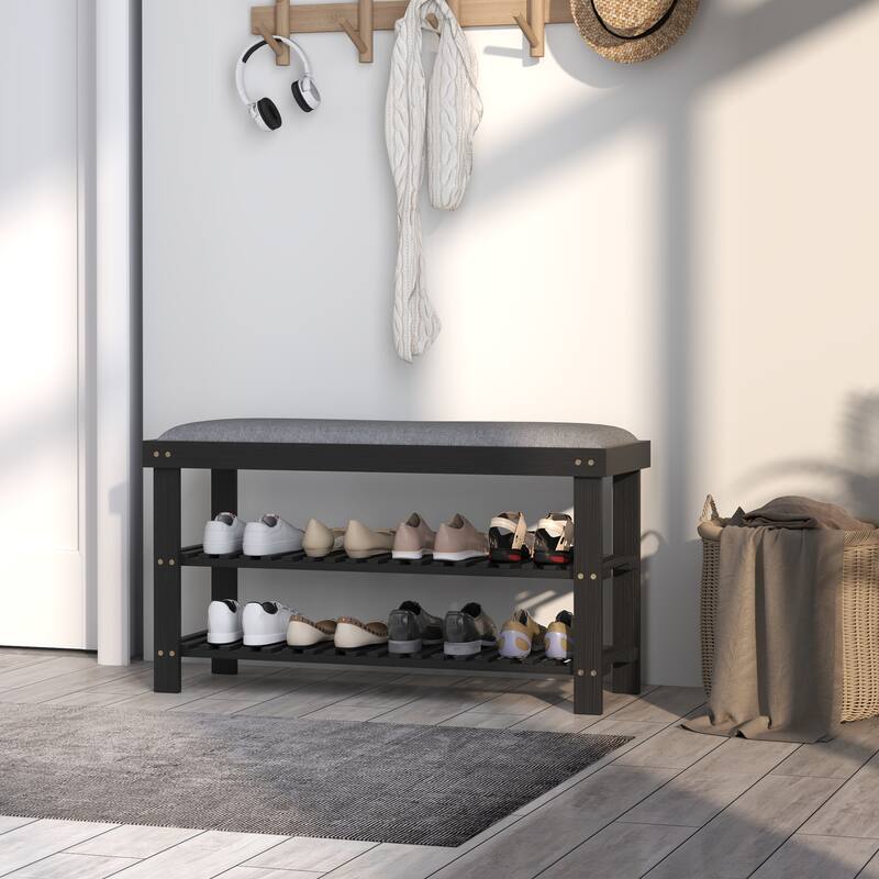HOMCOM Bamboo Shoe Bench, 3-Tier Entryway Bench with Storage and Cushion, Shoe Organizer for Entryway, Hallway